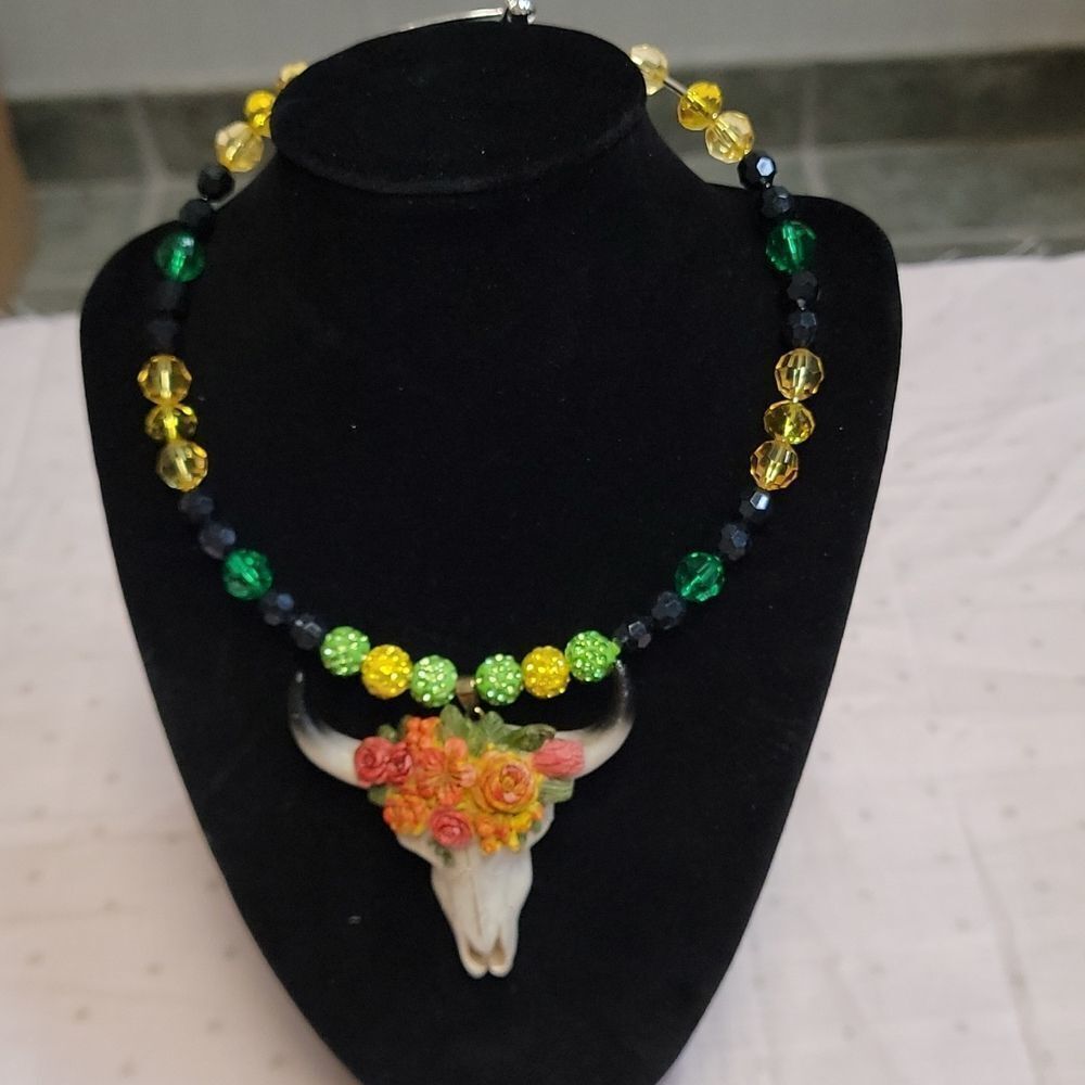 Handmade Beaded Necklace/Choker with Multi Colored Flowers on Cow Skull Pendant